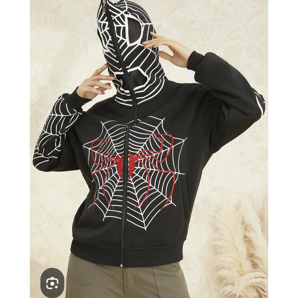 Original Deluxe Kids 12 Spider Web  Zip Close Eye Hole Hood Spiderman Jacket EUC